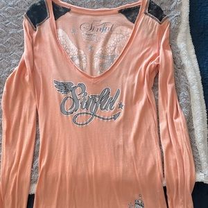 Long sleeve Sinful Affliction shirt, salmon color. Light weight